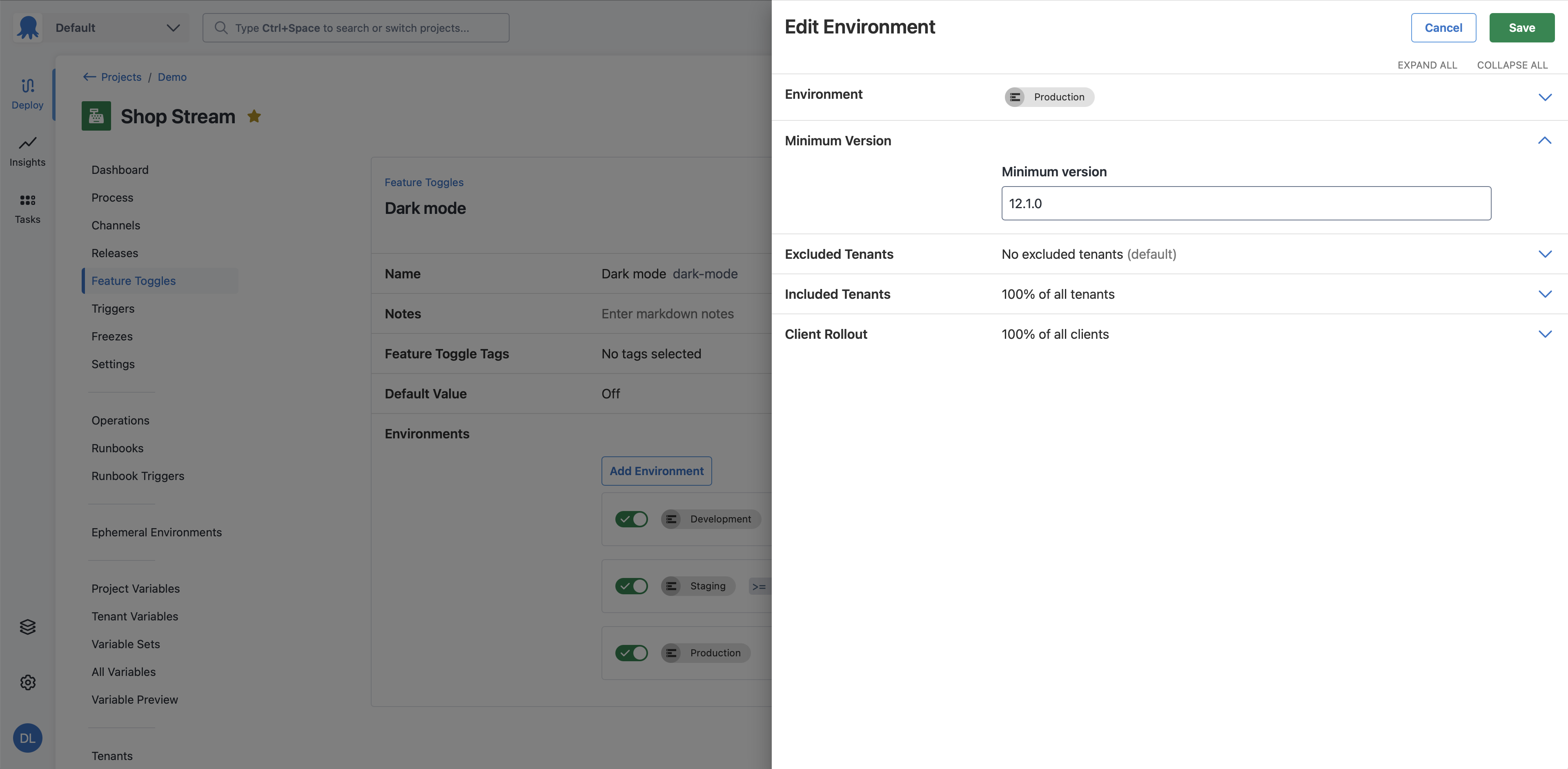Screenshot of feature toggle environment drawer, minimum version section is expanded, minimum version input has value 12.1.0